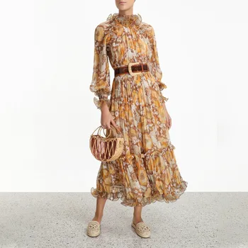 

Fashion Designer Floral Printed Ruffles Long Dress 2020 Spring Women Ruffled Collar Lantern Sleeve Elastic Waist Chiffon Dress