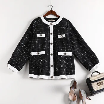 

2019 autumn women color block patchwork tweed plus size coat o-neck single breasted loose weave jackets 4XL 5XL y488
