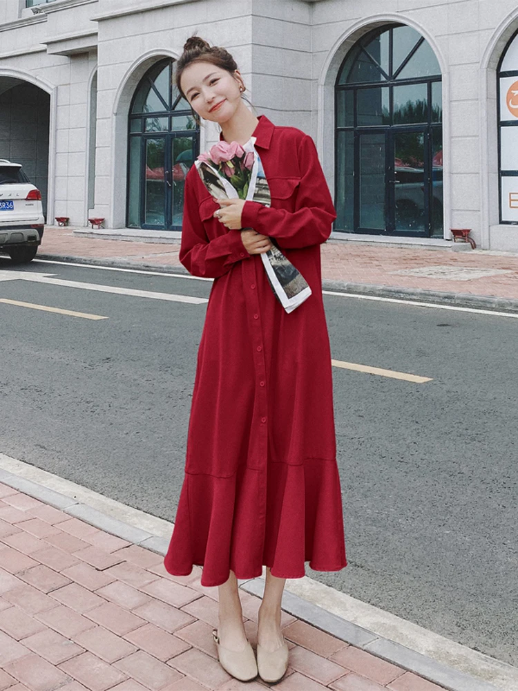 

Spring Office Ladies New Long red Shirt Dress Summer Casual Dresses Buttons Loose Dresses Robe Femme Vestido ka1091
