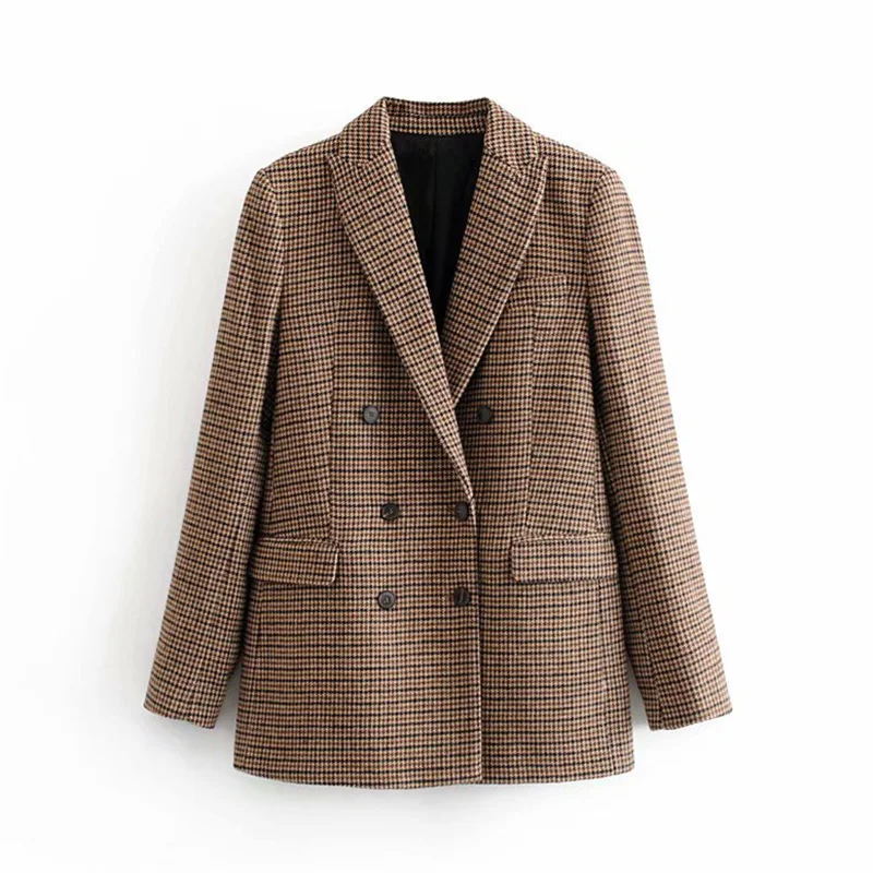 Plaid Винтажный Повседневный клетчатый блейзер для женщин, модный двубортный офисный женский пиджак, Женское пальто с зубчатым воротником, костюмы с длинным рукавом - Цвет: Plaid