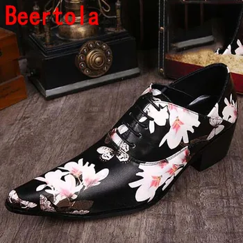 

Leather Men's Casual Shoes Flower Wear-resistant Men Loafers Shoes Pointed Toe Lace-Up Leisure Med Heel Shoes Male Big Size
