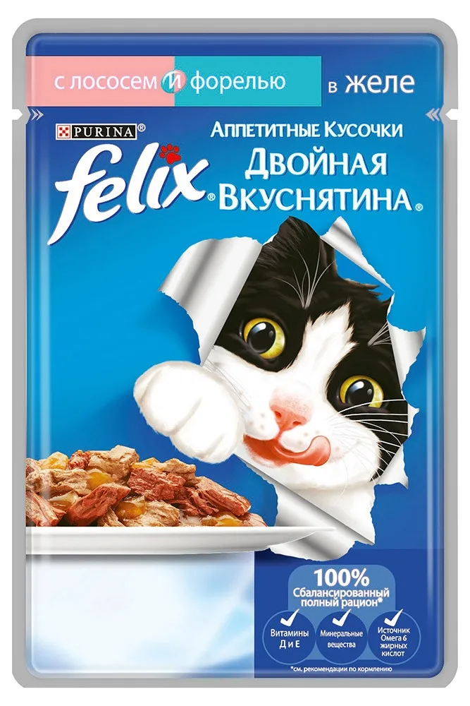 Корм влажный Felix «Аппетитные кусочки» для кошек с лососем, 85 г(24 шт