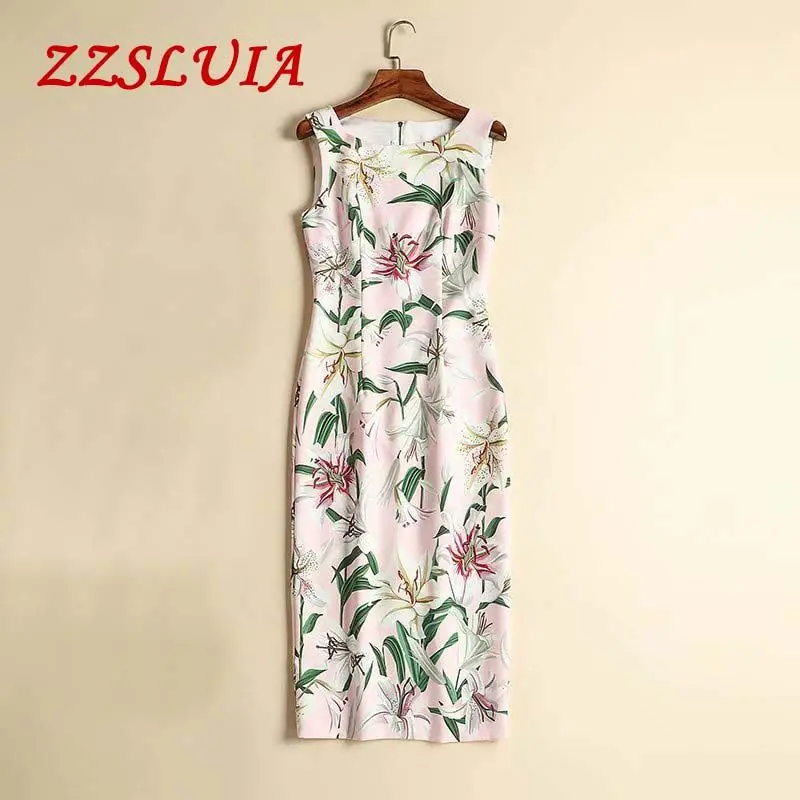 

High quality 2019 new arrival fashion lily flower print designer O neck sleeveless slim one piece dresses 91201