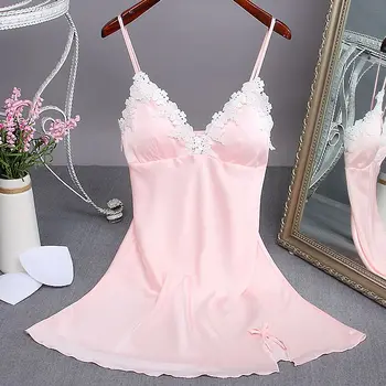 

Spaghetti Strap Nightdress Women Nightgown Sexy Satin Sleepwear Lace Patchwork Intimate Lingerie Home Dressing Gown Bathrobe