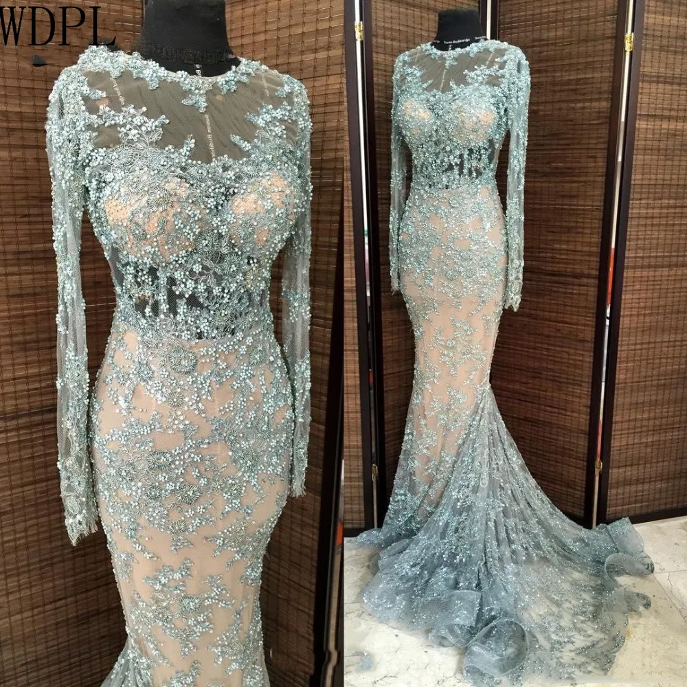 

Personalized Full Sleeve Evening Dresses Abendkleider Sheer Prom Gown Beads Long Mermaid Dusty Blue Formal Dress Lace abiye