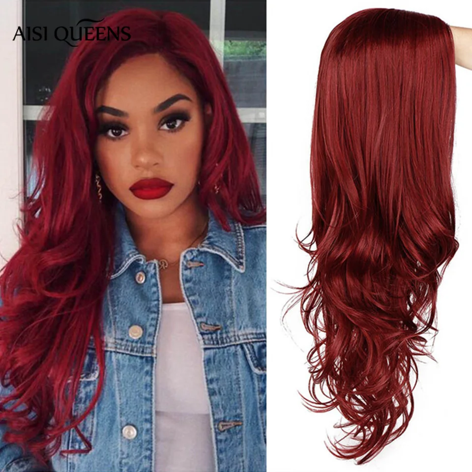 AISI QUEENS Red Wig for Women Long Wavy Synthetic Wig Cosplay Black Pink Wigs Free Parts Natural High Temperature Fiber