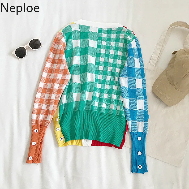 Neploe, корейский, маленький, свежий цвет, клетчатый кардиган, v-образный вырез, длинный рукав, вязаный, тонкий, студенческий, пальто, модный, лоскутный, осенний свитер 45708