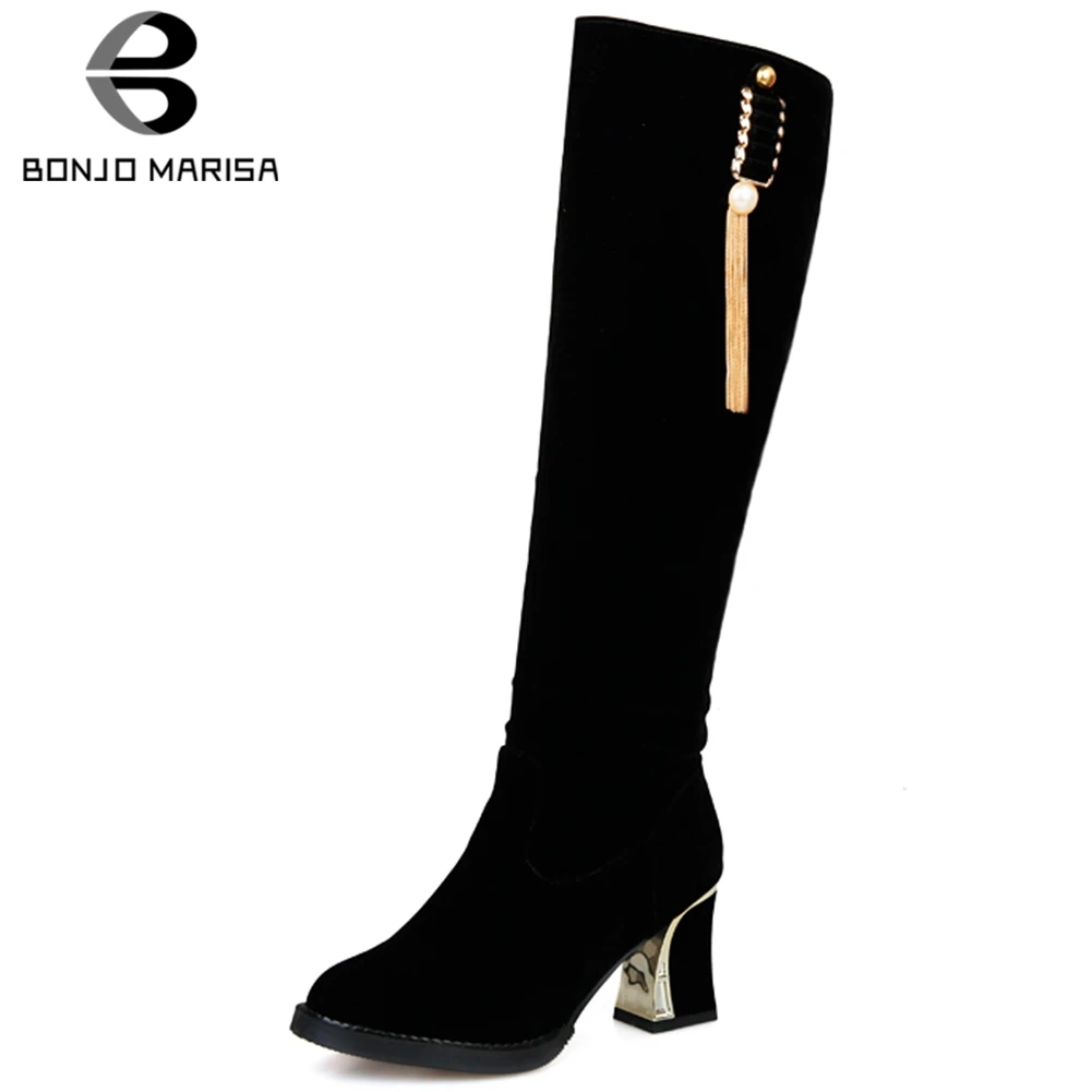 

BONJOMARISA New Fashion Female Mid Calf Boots Round Toe Metal Decoration Boots Women 2020 Slip On Winter Casual Shoes Woman