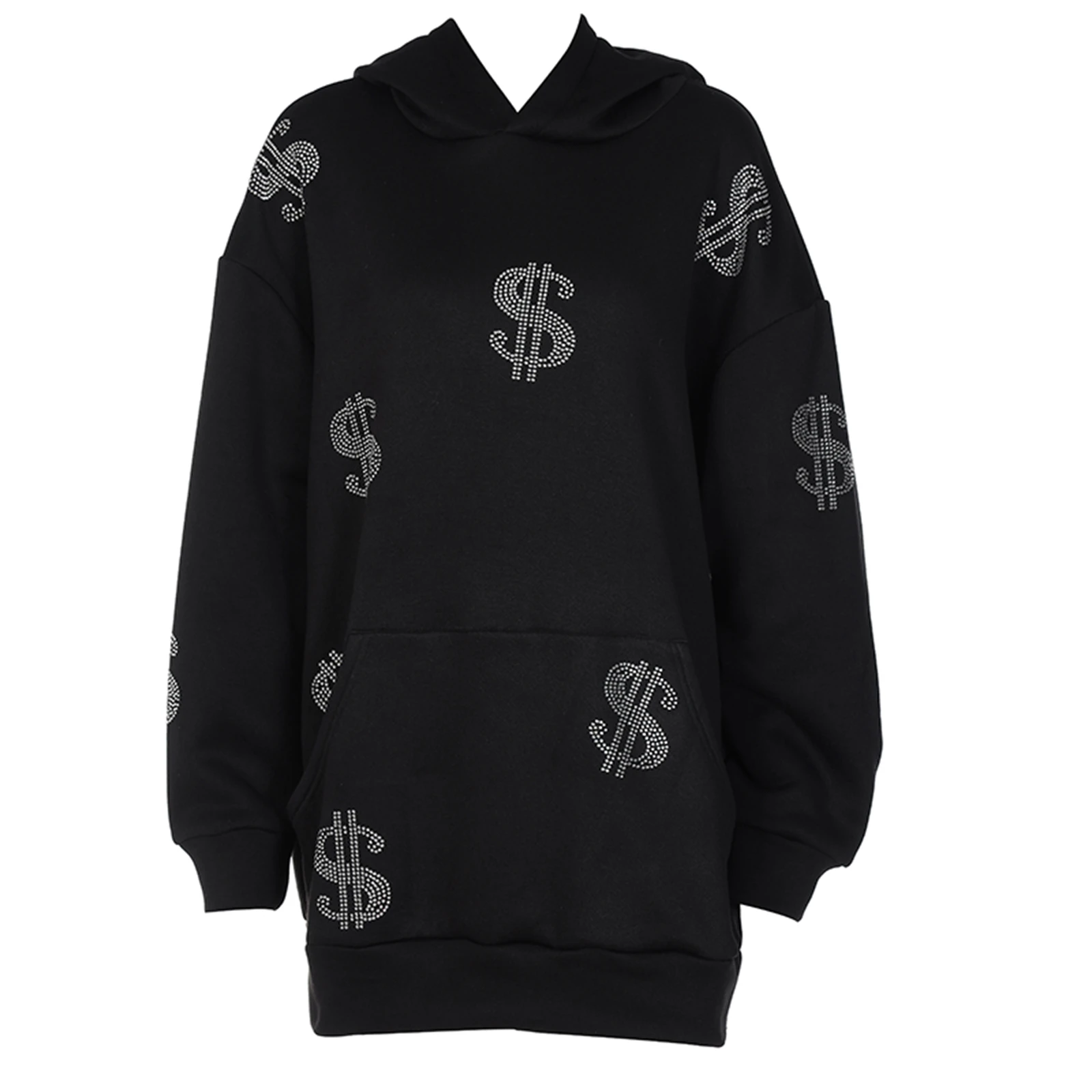 Sudaderas con capucha de manga larga para mujer, símbolo y de moda con estampado diamantes de imitación, holgada|Mallas|