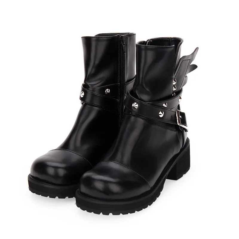 

Stylesowner Fashion Winter Women High Heels Platform Short Boots Dark Punk Rivets Wing Muffin Shoes Female Gothic Boots