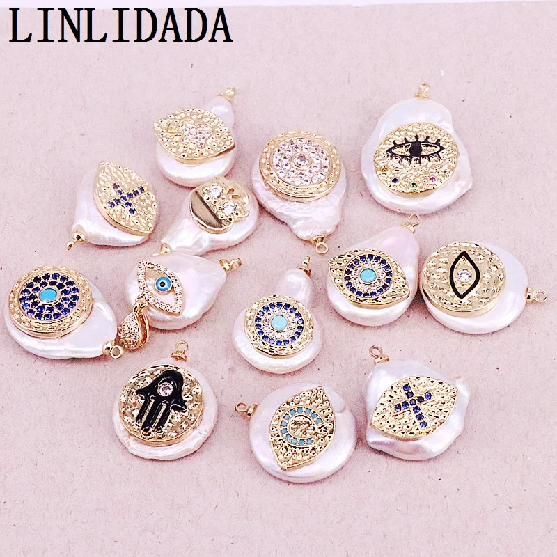 

8Pcs new design cubic zircon micro pave charm pendant,freshwater pearl with cz pendant,irregular natural pearl pendants