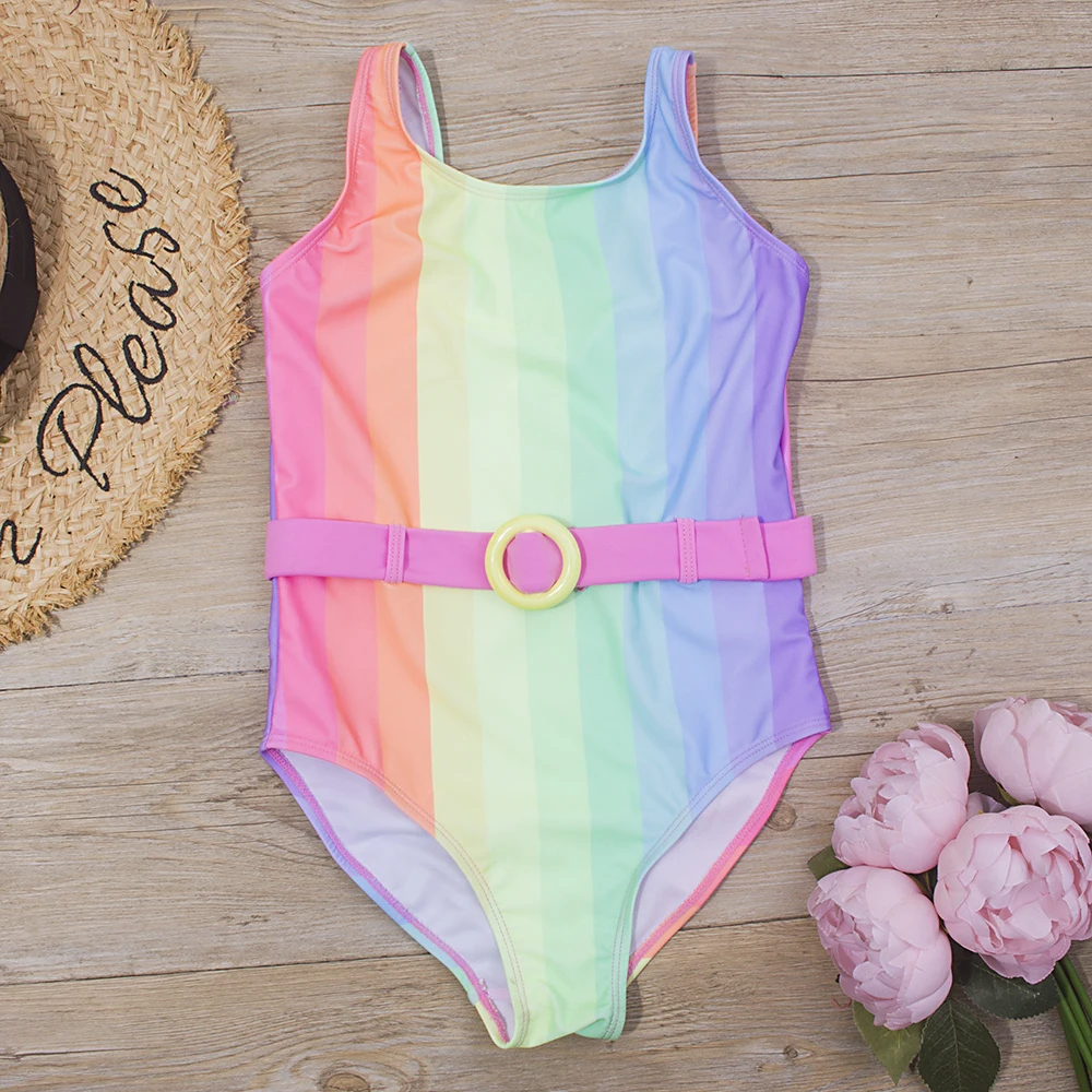7-14 Years Rainbow Print Kids Girls One Piece Swimsuit Children Baby Summer Swimwear Monokini With Belt Brand Child Bathing Suit, one piece swimsuit, children swimsuit, unicorn swimsuit, children swimsuits