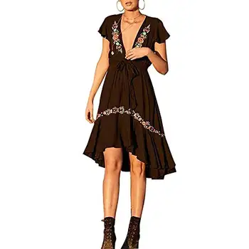 

Myodress Women's Casual Boho Embroidered Short Sleeve Deep V Neck Tie Knot Front Ruffle Hem Swing Mini Dress
