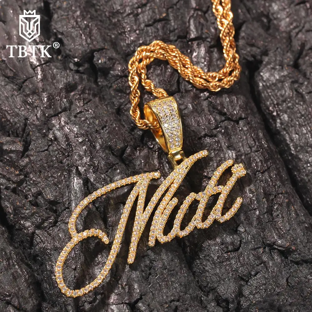 

TBTK New Style Personalized Artical Cursive Letter Iced Out CZ Custom Name Pendant Chain Necklace Fashion Charm Hiphop Jewelry