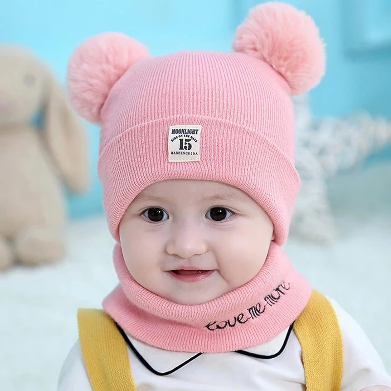 Pink Комплект из 2 предметов, унисекс, Детские шапочки, шапка, комплект для маленьких детей, одноцветная шапка в полоску и шарф, зимний теплый костюм, комплект для мальчиков и девочек, малышей, студентов - Цвет: Pink