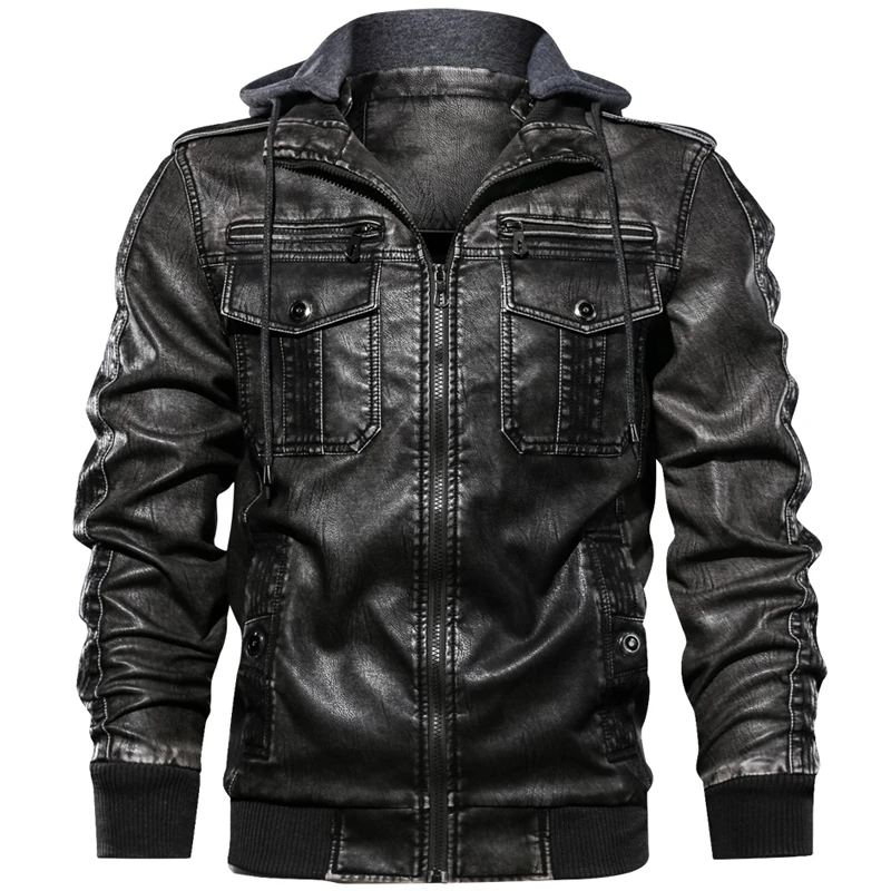 

Men Motorcycle PU Leather Jacket Autumn Winter Casual Stand Collar Hooded Coat Euro Size Pilot Military Faux Leather Jacket