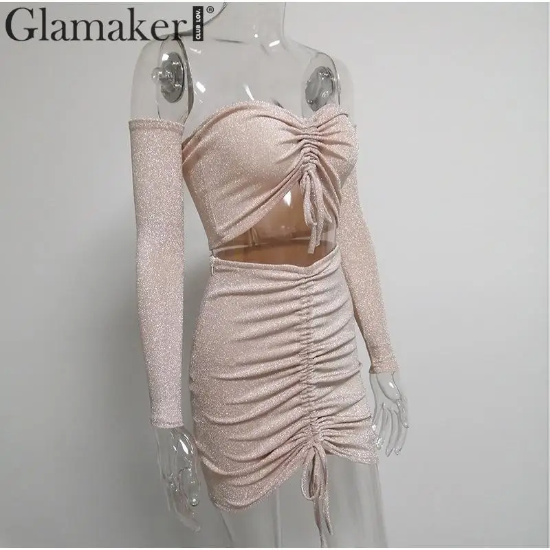 Glamaker, два куска, люрекс, розовое, на шнуровке, короткое платье для женщин, высокая талия, а-силуэт, с открытыми плечами, платье, Осеннее, сексуальное, Клубное, элегантное платье