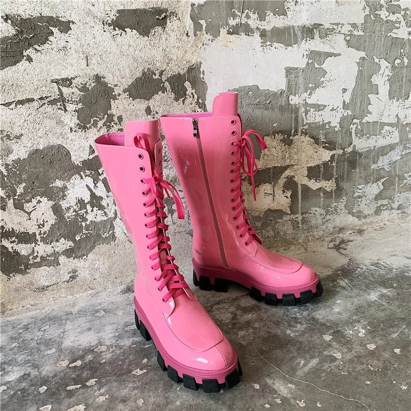 pink Г. Осенне-зимние женские лакированные ботинки из мягкой кожи женская обувь на платформе с не сужающимся книзу массивным каблуком Т-образная женская обувь для подиума - Цвет: pink