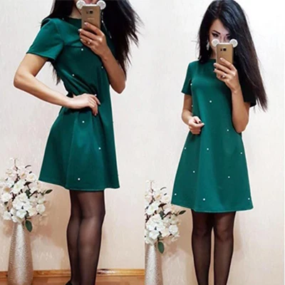 Green Однотонные Свободные мини-платья с круглым вырезом, Украшенные бусинами, женское повседневное короткое платье-рубашка, Женские Простые платья трапециевидной формы с высокой талией для девушек, летние - Цвет: Green