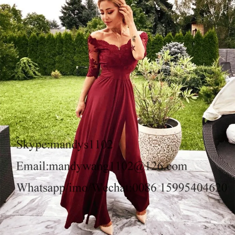 Mbcullyd A-line Long Prom Dresses Sexy High Split Burgundy Women Formal Evening Dress Gown Half Sleves Vestidos de gala