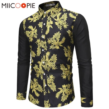 

Luxury Men Shirt Fashion Golden Floral Print Slim Fit Long Sleeve Camisas Hombre Turndown Collar Mens Hawaiian Shirts Streetwear