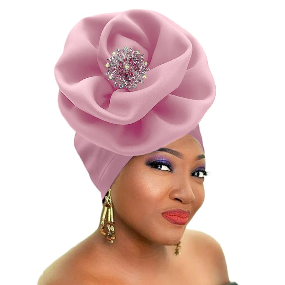 African headtie women auto gele stretch turban rose flower shape headwraps (4)