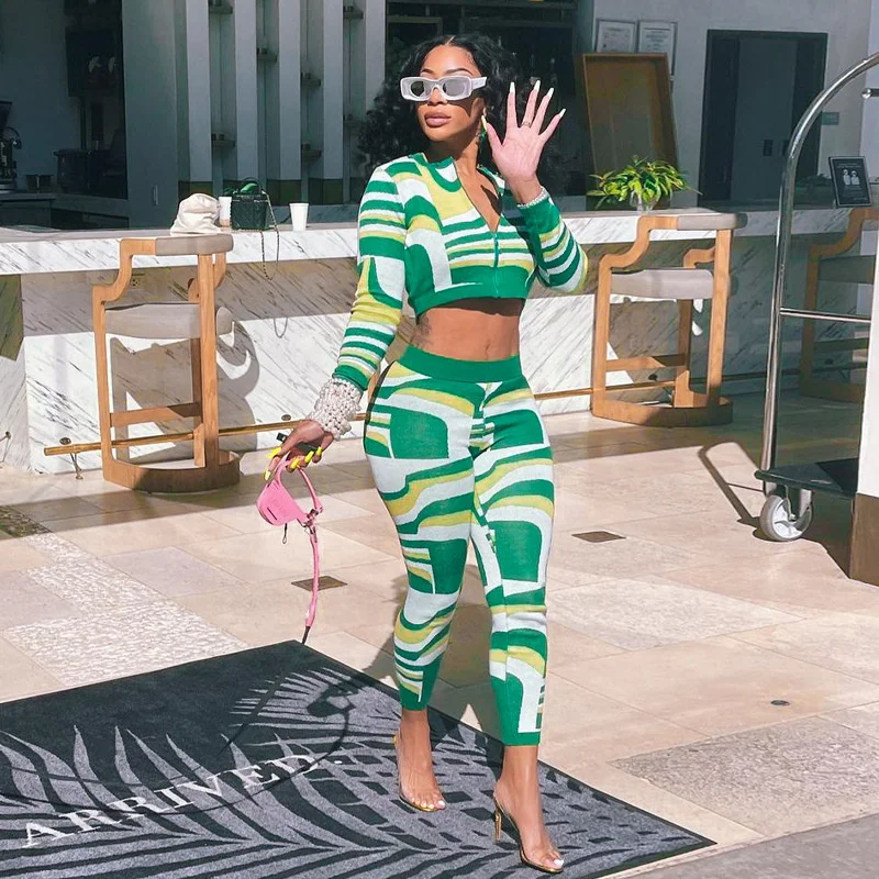 Wjfzqm O Neck Long Sleeve Print Zipper Crop Top And Skinny Pants Suits