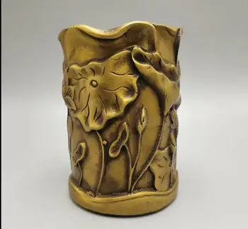 

Chinese antique brass statue hand made fish lotus Pen container Brush Pots