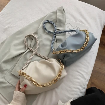

Wave Strap Belt Design PU Leather Crossbody Bags For Women 2020 Small Gold Metal Lady Shoulder Handbags Female Fashion Cloud Bag
