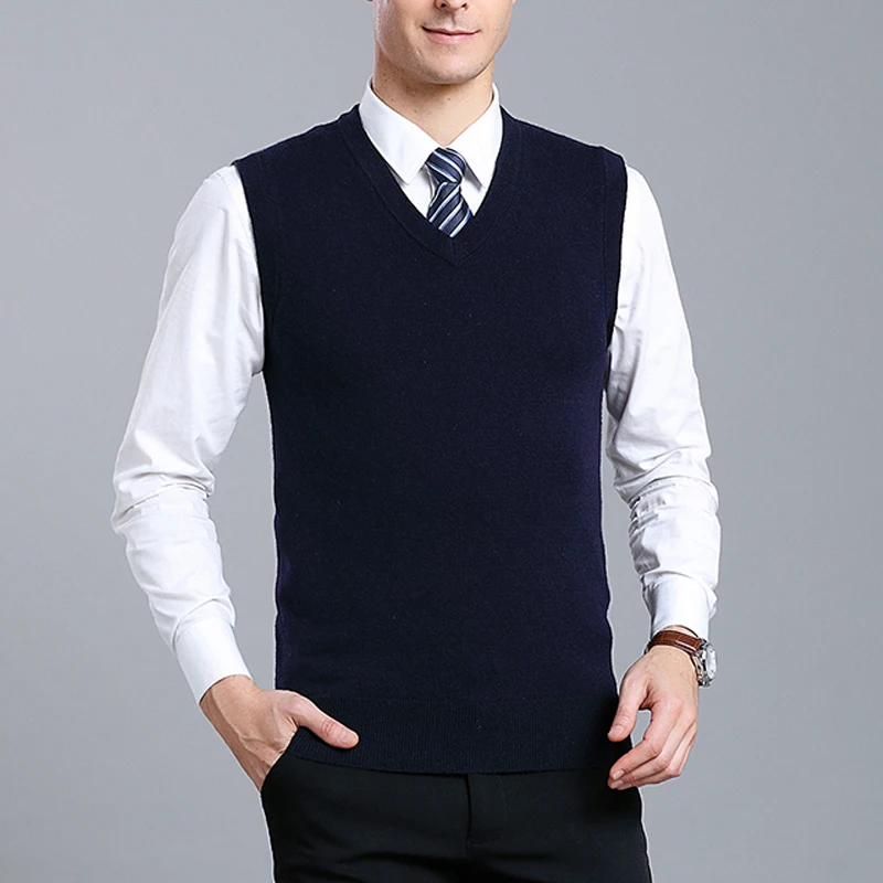 Navy Blue Новое поступление, Однотонный свитер, жилет, мужские кашемировые свитера, шерстяной пуловер для мужчин, бренд, v-образный вырез, без рукавов, Джерси, Hombre - Цвет: Navy Blue