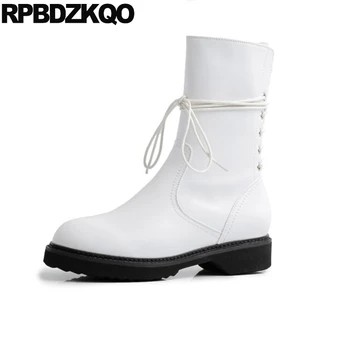 

chunky ankle fashion shoes 2019 women fall winter round toe short fur autumn block white platform boots black size 34 lace up