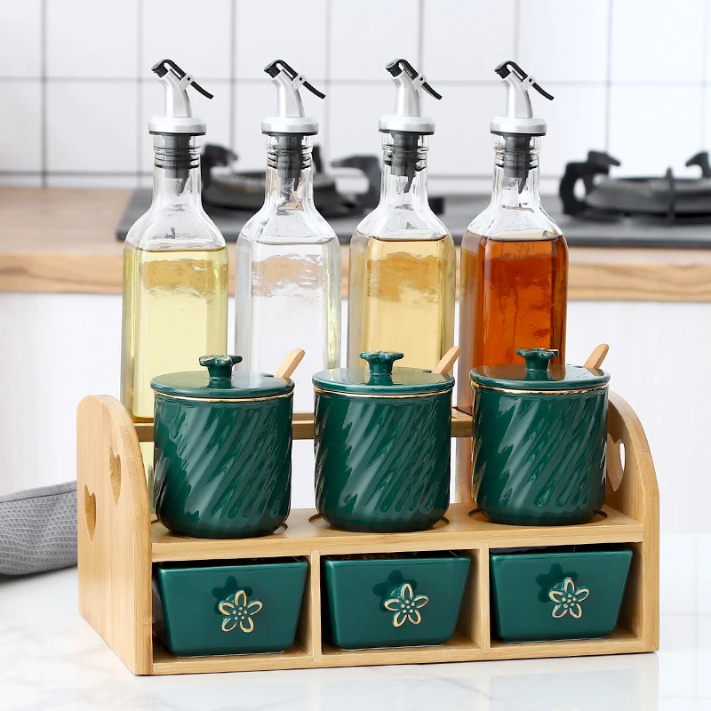 Latest Top Nordic Simple Emerald Ceramic Sugar Salt Seasoning Pot Glass Bottle Combination Set seasoning jars Sauce bottle - Цвет: A 11 pcs