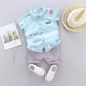 

2pcs Suits Spring Autumn Cartoon Bear Print Short Sleeve Stand Collar Blouse Casual Tops+Solid Color Pants