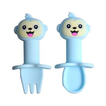 

2020 New 2Pcs Detachable Baby Spoon Fork Set Cartoon Monkey Silicone Teether Toys Utensil