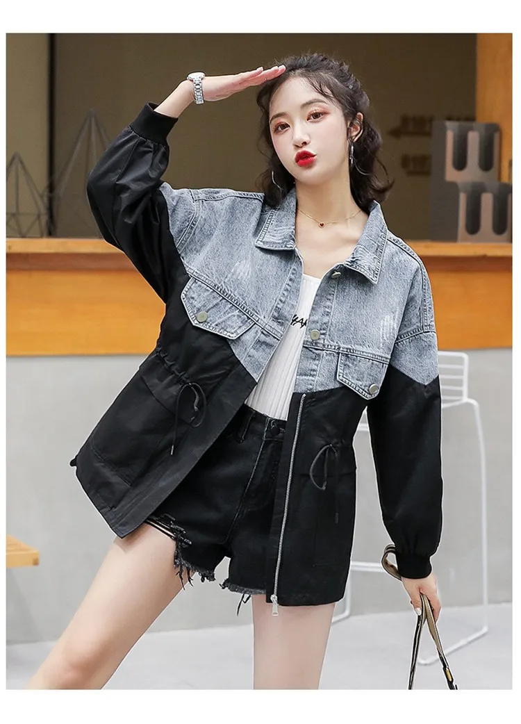 Mulheres Retalhos Denim Jaqueta Color Drawstring Coat 2021 Primavera Outono Nova Moda Splice Blusão Jeans Feminino H184 Hit 10 Cheap Jaquetas básicas
