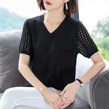 

Women's V-neck hollow solid color casual knitted short-sleeved T-shirt