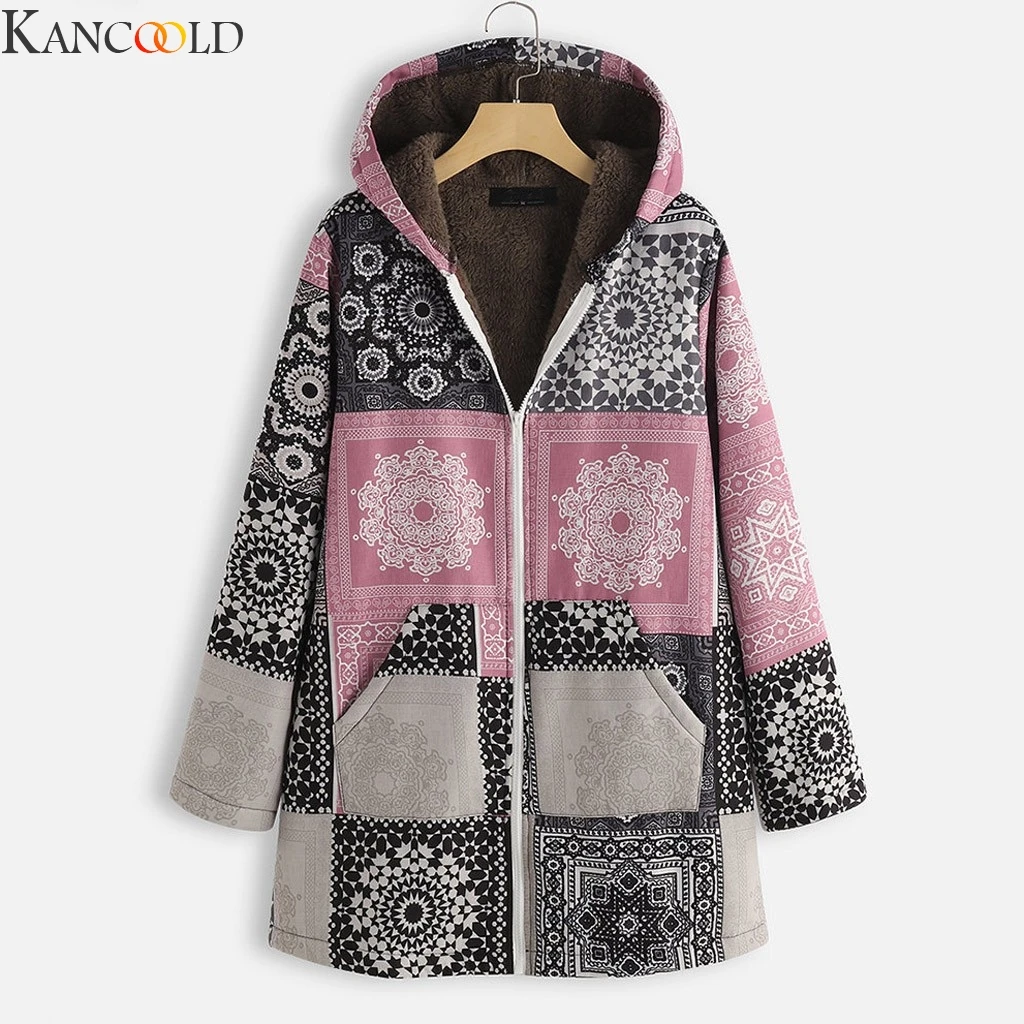 KANCOOLD размера плюс, винтажная Женская куртка, флисовое пальто, зимняя теплая верхняя одежда, Ретро стиль, с этническим принтом, с капюшоном, с карманами, больше размера, длинные пальто
