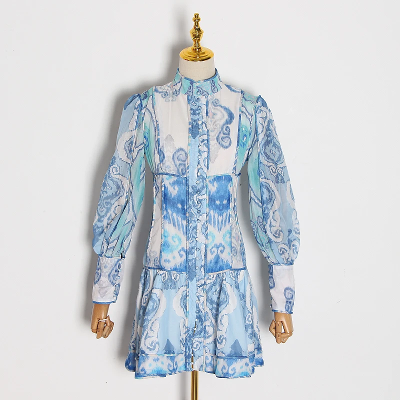 TWOTWINSTYLE винтажное лоскутное платье с принтом для женщин, круглый вырез, фонарь, длинный рукав, высокая талия, платья для женщин, мода, Новинка