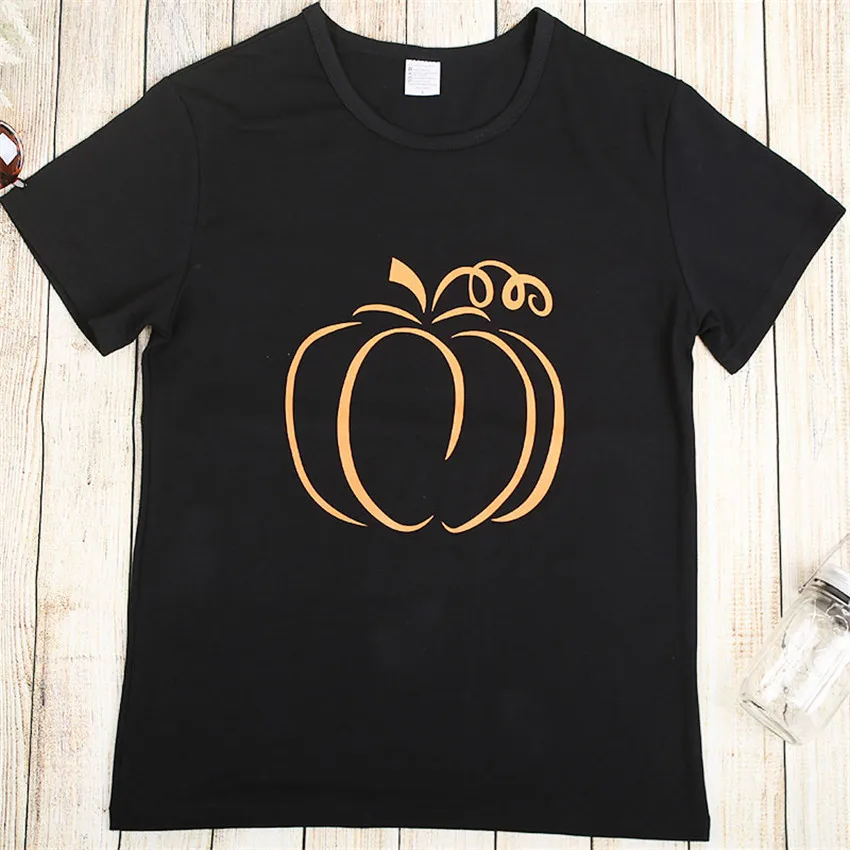 

Black T-shirt Women Pumpkin Print Top Female Halloween Tees Short Sleeve Tops Tee For Women O-neck Loose Tee Shirts Plus Size