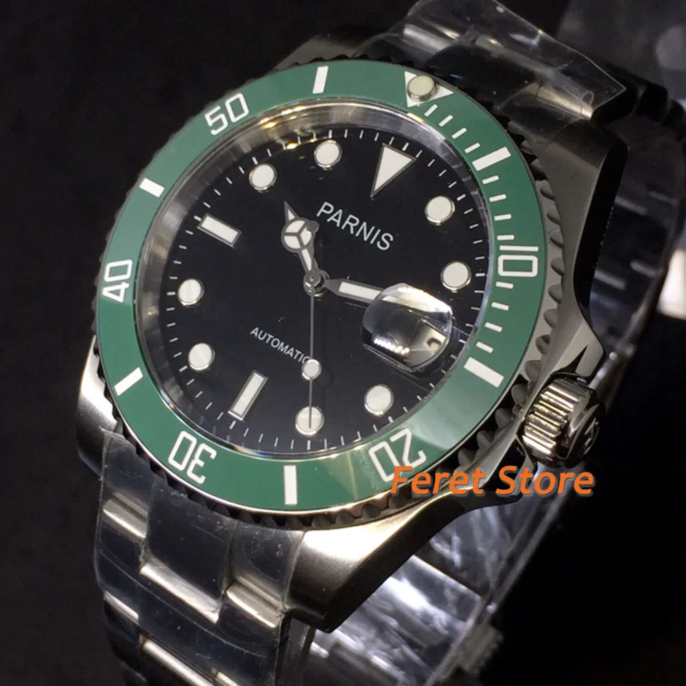 

Часы мужские механические с сапфировым циферблатом, стальной корпус керамический Безель дюйма, зеленый/черный циферблат, 40 мм