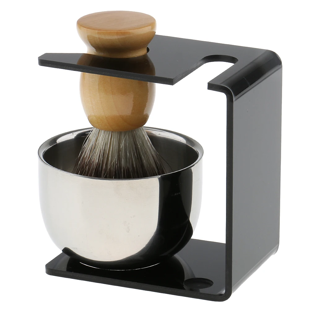 Wood Shaving Brush + Black Plastic Stand + Stainless Steel Smooth Surface Bowl Cup + Soap Set for Men Barber
