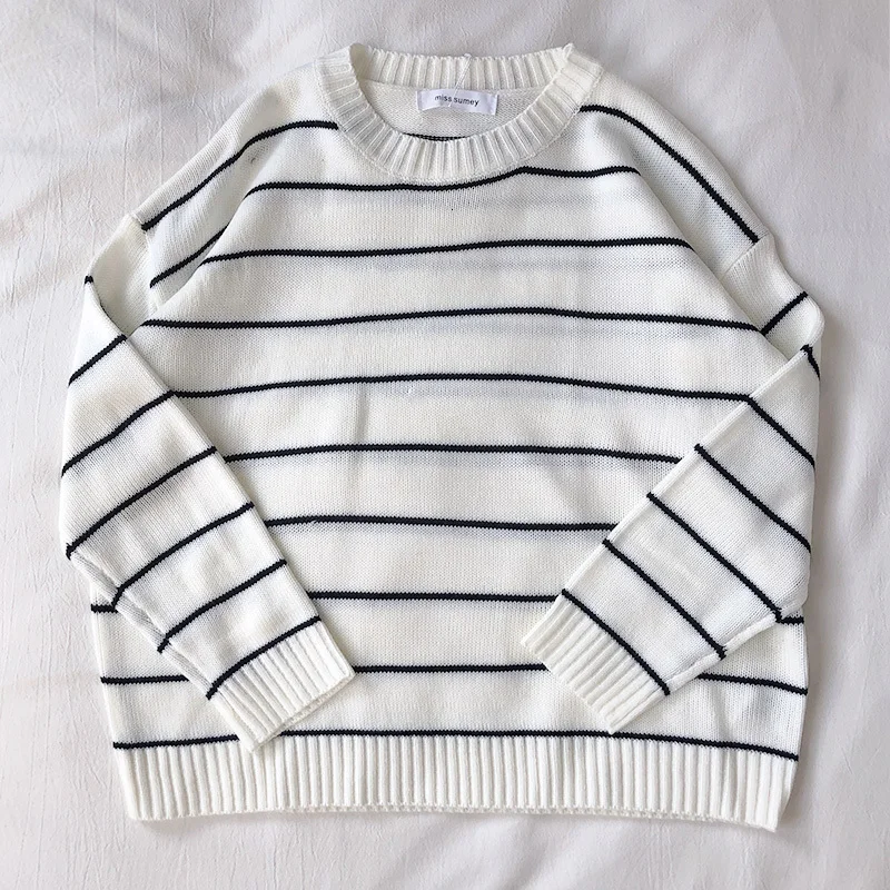 Mooirue осенне-зимний женский вязаный свитер тонкий универсальный базовый Круглый вырез вязаный джемпер Топы - Цвет: White stripe