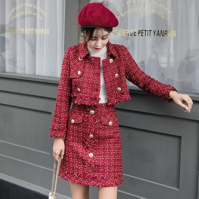

Skirt Suits Women Runway Designer Elegant Office Lady Formal Tweed Red Blazer Jacket Mini Skirt 2 Piece Sets 2019 Autumn Winter