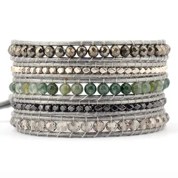Exquisite Mixed Natural Stones Crystals 5 Layered Leather Wrap Bracelets Antique Weaving Bangles Dropship Bohemia Jewelry
