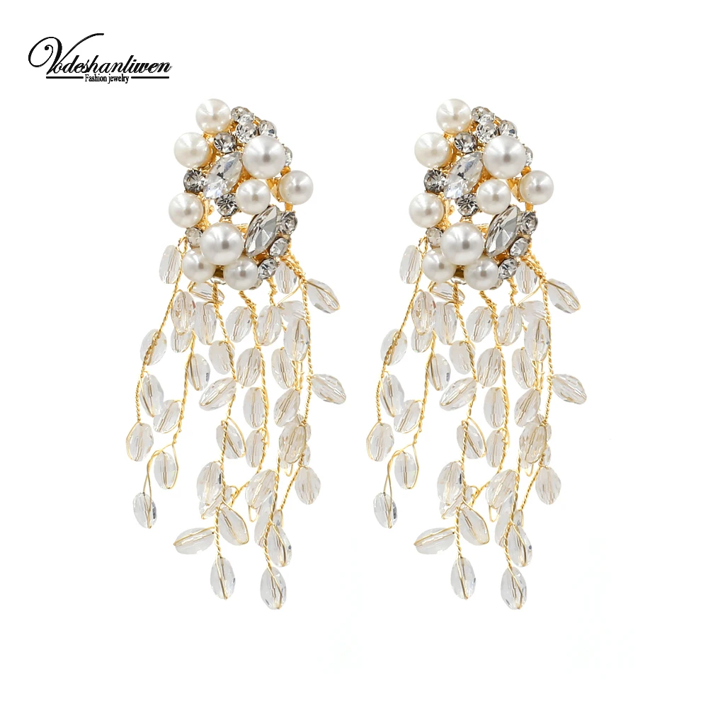 Vodeshanliwen ZA New Crystal Tassel Earrings For Women Fashion Imitation pearl Statement Big Earrings New Accessories