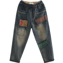 OMIKRON дизайн женские хлопковые шаровары осенние женские джинсы с эластичной талией свободные джинсы винтажные лоскутные брюки