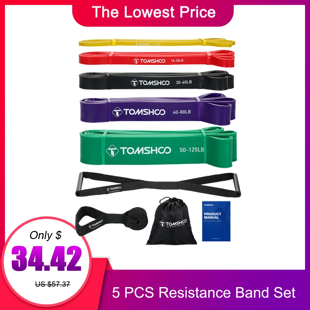 TOMSHOO 5 PCS Resistance Band Set Gym Strength Training Rubber Loops