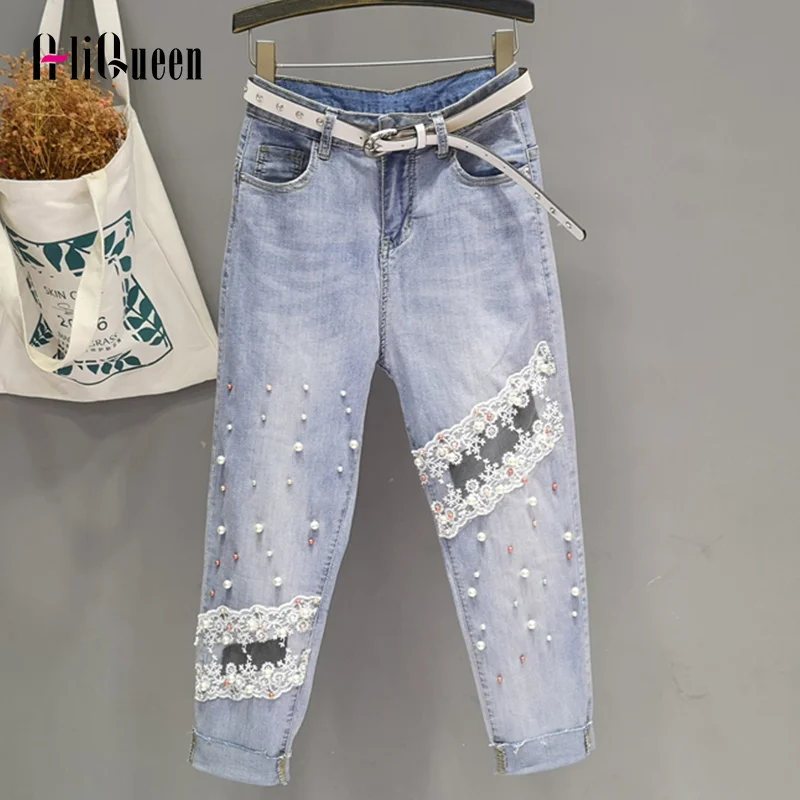 

2023 Women Vintage Lace Patchwork Beaded Pearls Silm Denim Pants Streetwear Woman Blue Pencil Ankle-length Jeans Pants