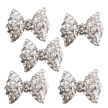 

5Pcs 3D Silver Alloy Rhinestones Bow Tie Glitters Nail Art Slices