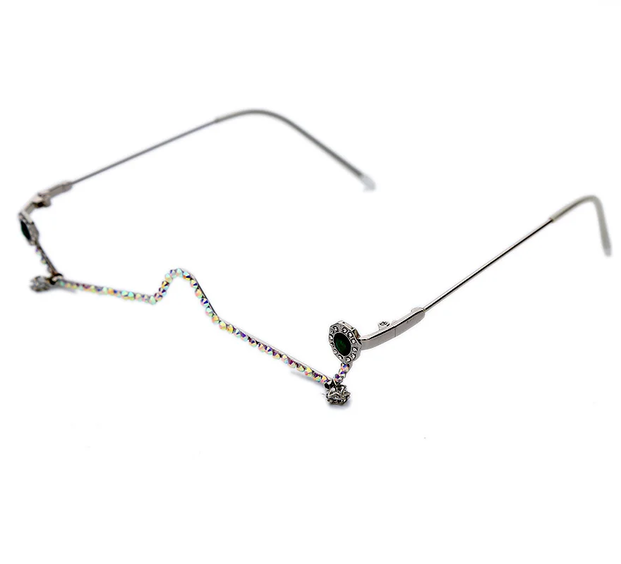 Новые модные очки Женские Роскошные Алмазные полуоправы сплав рамка зеленый красный драгоценный камень Lensless цепи кулон очки со стразами